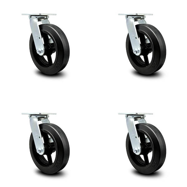8 Inch Rubber on Steel Caster Set with Ball Bearing and Swivel Lock SCC